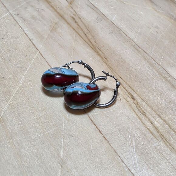 Sterling Silver 925 Hoopdangle Earrings Lamp Work Glass Beads Red / Blue Swirls - Picture 1 of 6